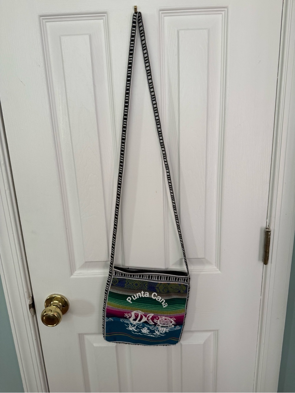 Embroidered Multi-Stripe Punta Cana Crossbody Bag in Blue and Green